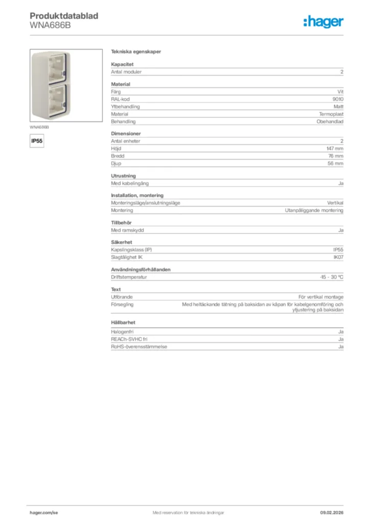 Bild Hager Produktdatablad WNA686B | Hager Sverige