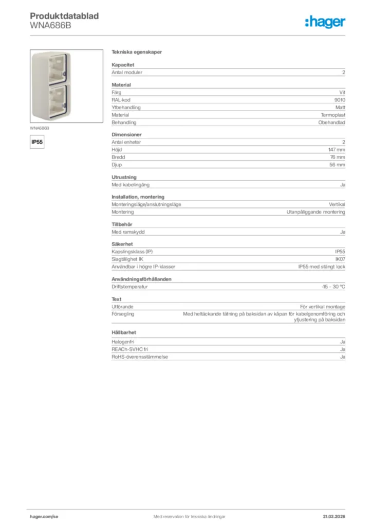 Bild Hager Produktdatablad WNA686B | Hager Sverige