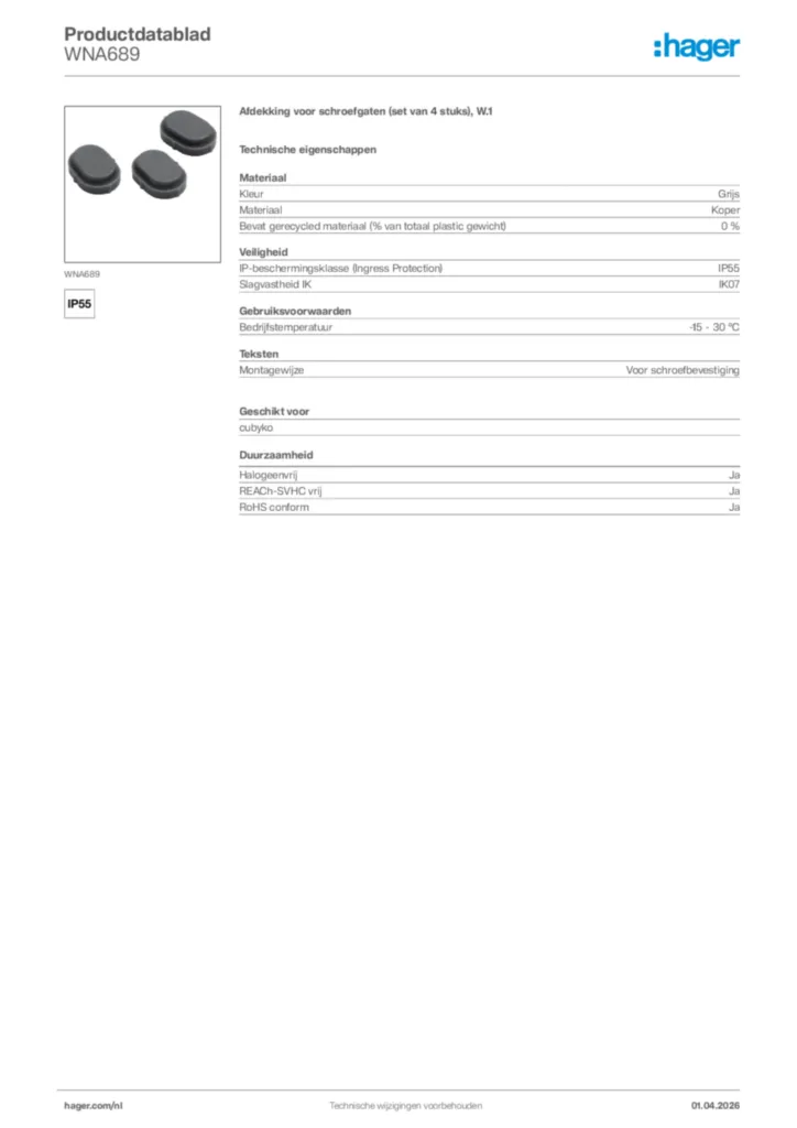 Afbeelding Hager Productdatablad WNA689 | Hager Nederland