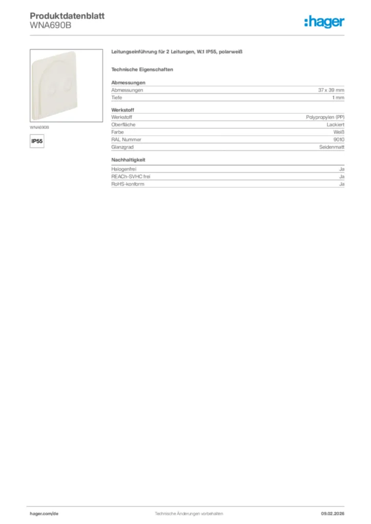 Bild Hager Produktdatenblatt WNA690B | Hager Deutschland