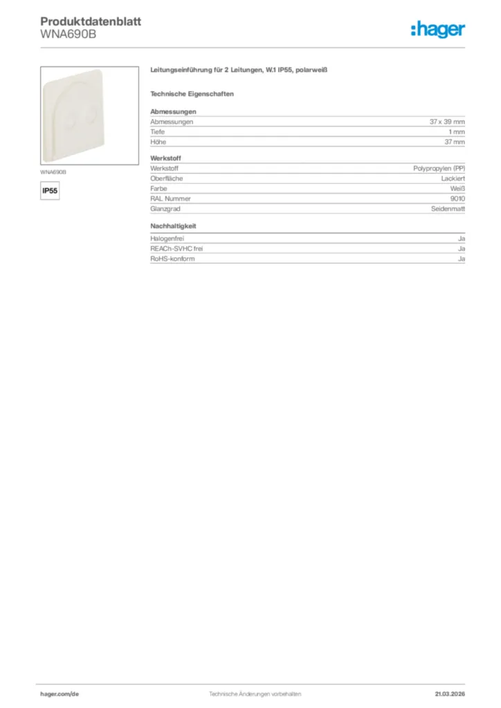 Bild Hager Produktdatenblatt WNA690B | Hager Deutschland