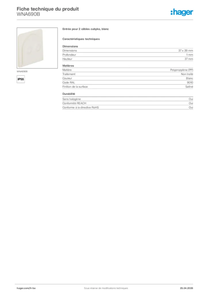 Image Hager Fiche technique du produit WNA690B | Hager Belgique