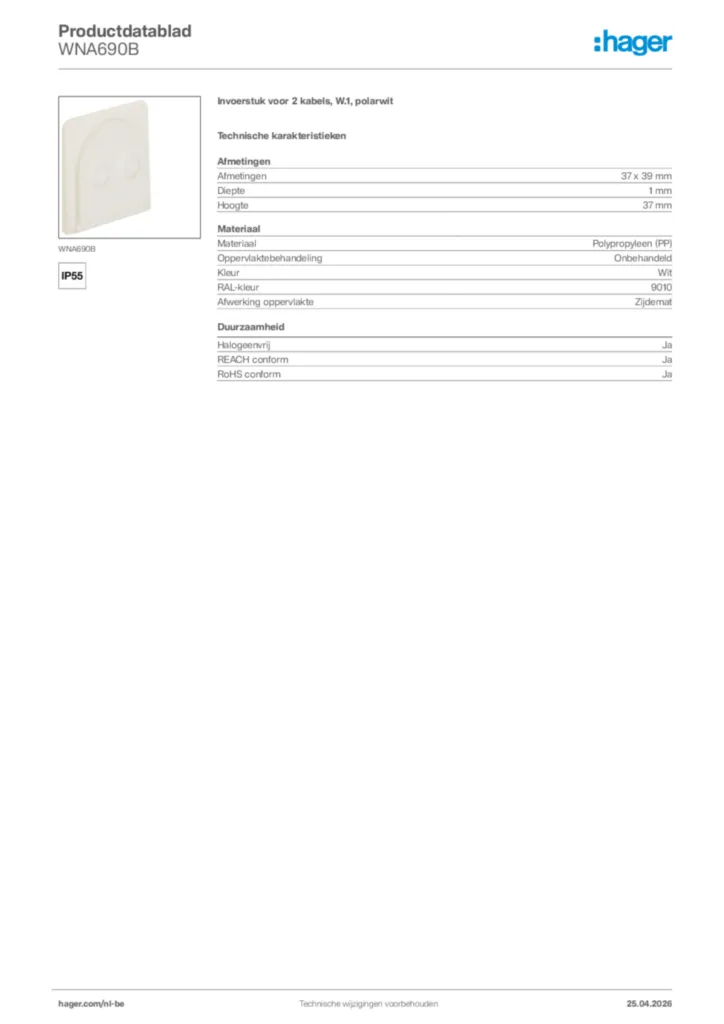 Afbeelding Hager Productdatablad WNA690B | Hager Belgium