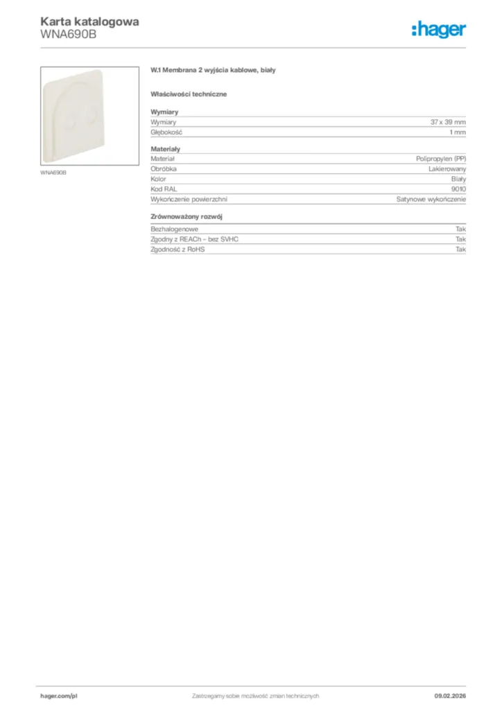 Zdjęcie Hager Karta katalogowa WNA690B | Hager Polska