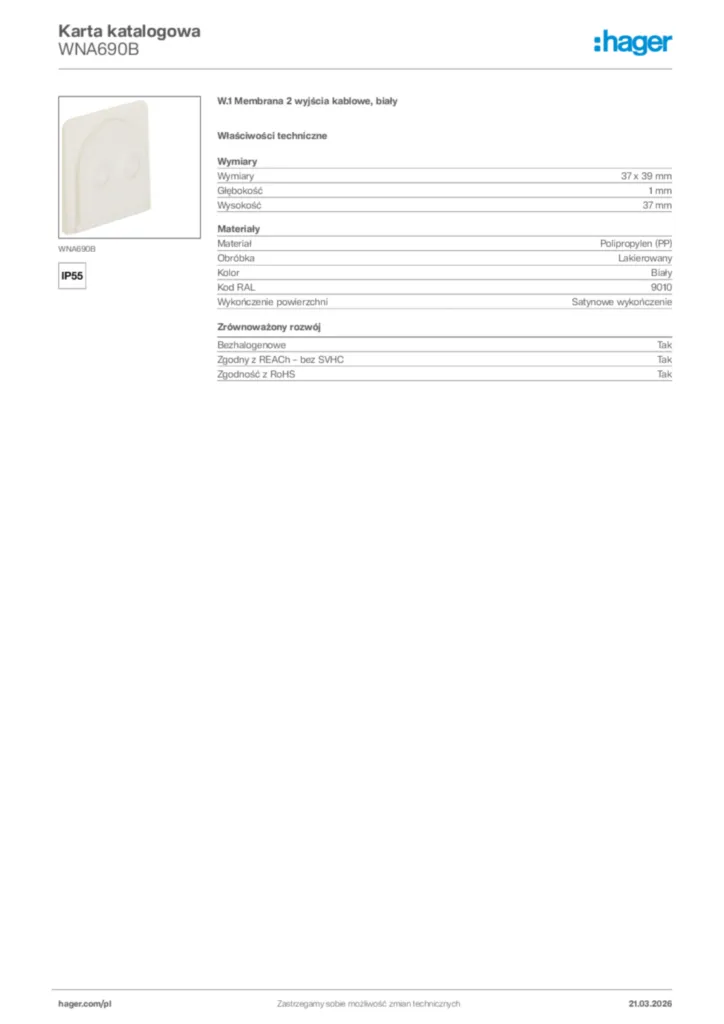 Zdjęcie Hager Karta katalogowa WNA690B | Hager Polska