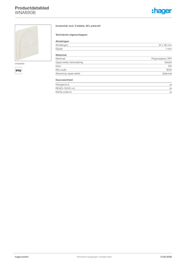 Afbeelding Hager Productdatablad WNA690B | Hager Nederland