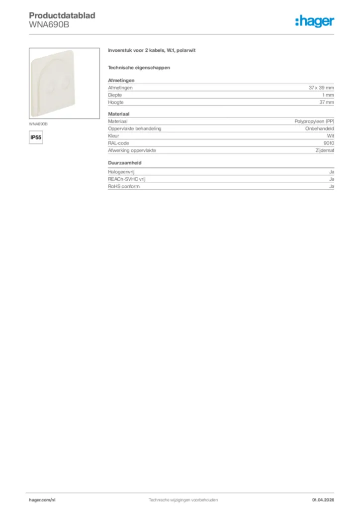 Afbeelding Hager Productdatablad WNA690B | Hager Nederland
