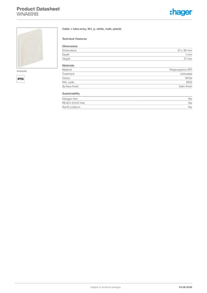 Image Hager Product data sheet WNA691B  | Hager Africa