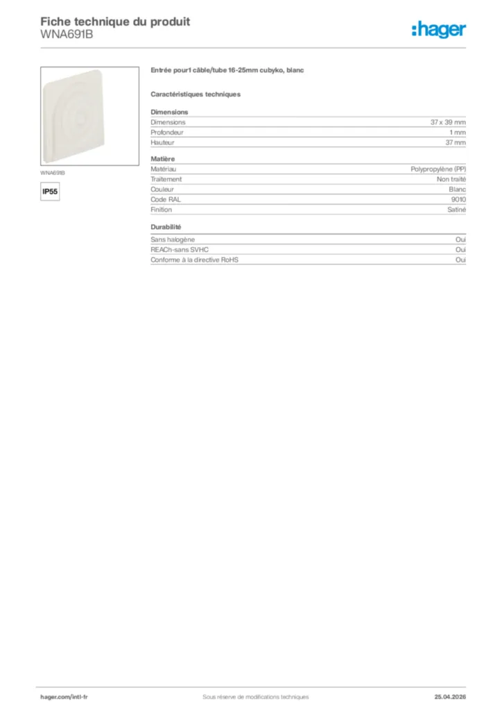 Image Hager Fiche technique du produit WNA691B | Hager Afrique
