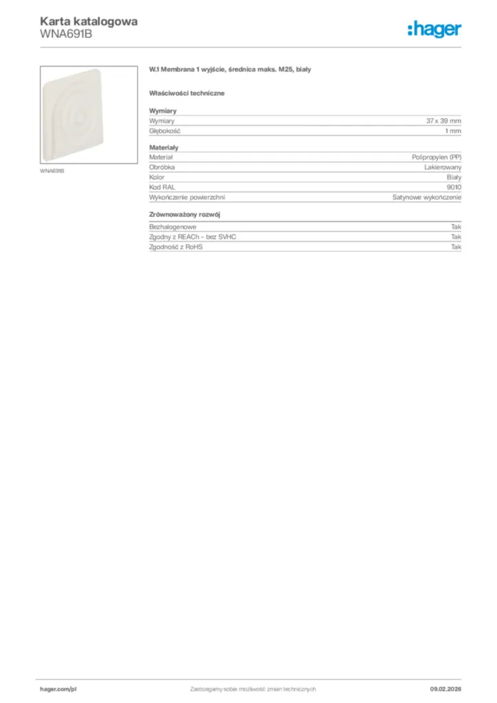 Zdjęcie Hager Karta katalogowa WNA691B | Hager Polska