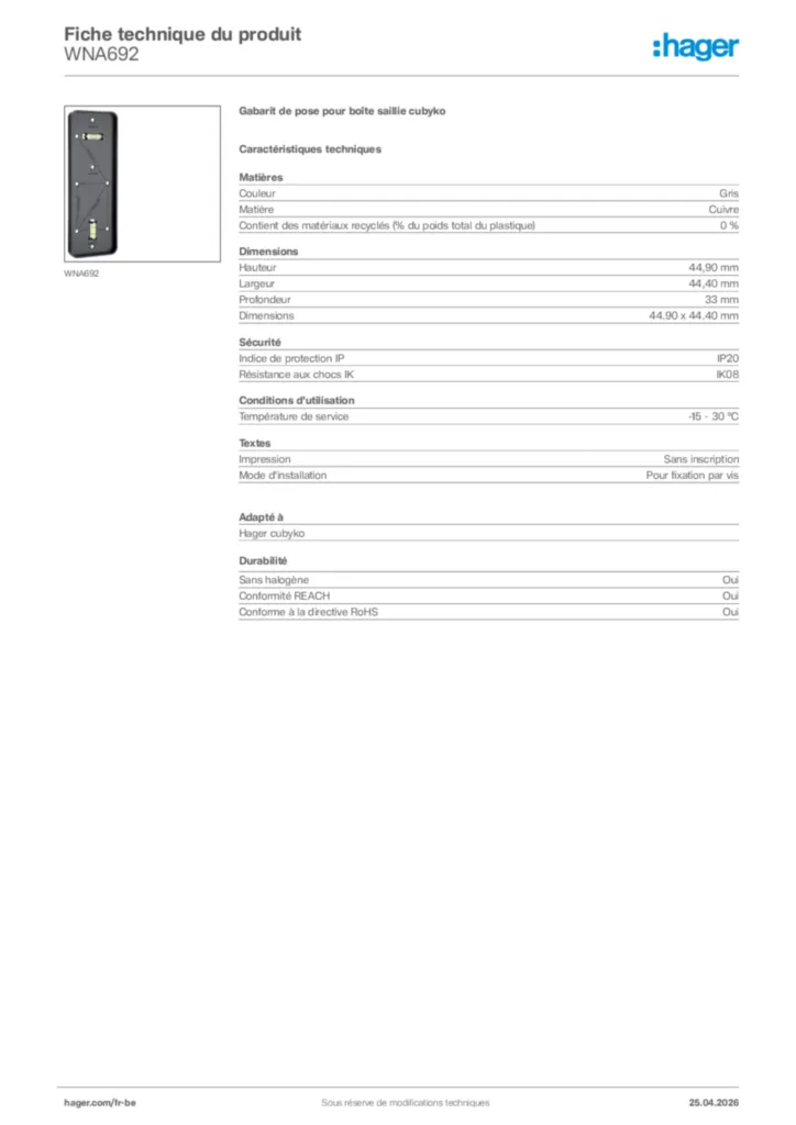 Image Hager Fiche technique du produit WNA692 | Hager Belgique