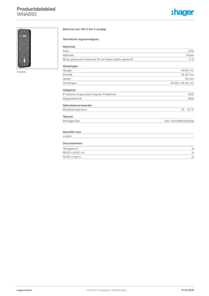 Afbeelding Hager Productdatablad WNA692 | Hager Nederland