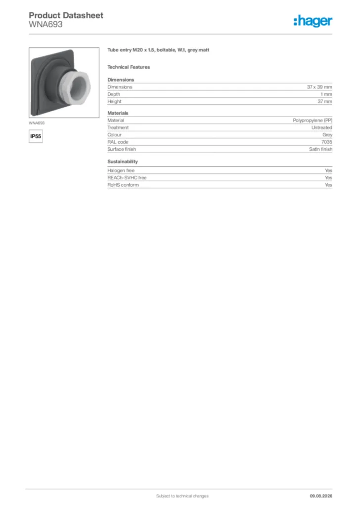 Image Hager Product data sheet WNA693  | Hager Africa