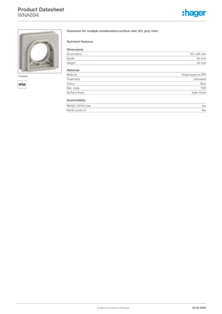 Image Hager Product data sheet WNA694  | Hager Africa