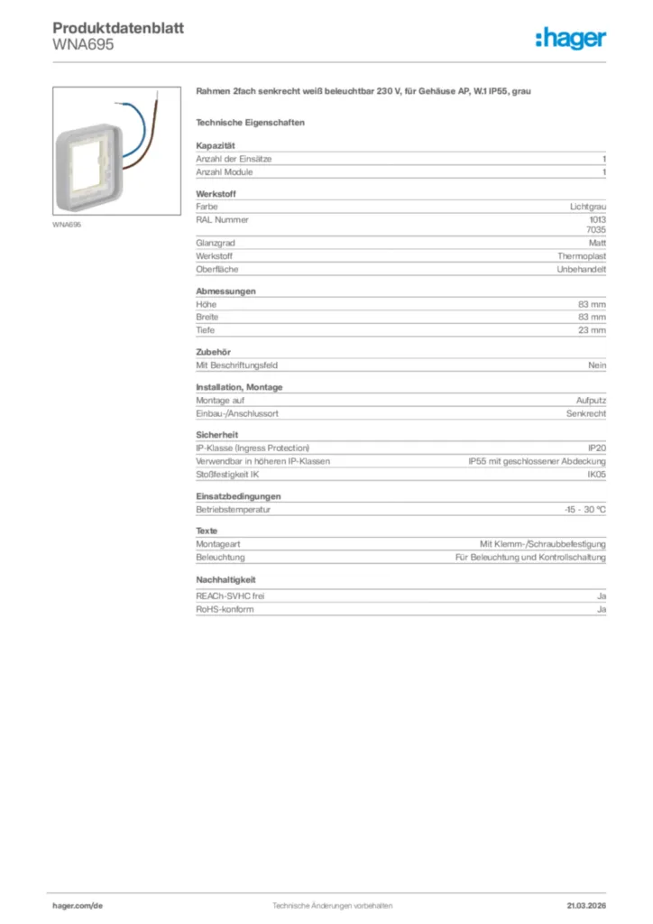 Bild Hager Produktdatenblatt WNA695 | Hager Deutschland