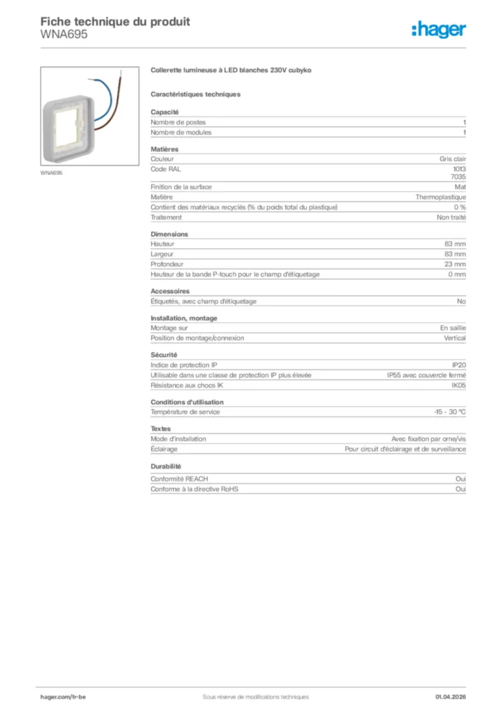 Image Hager Fiche technique du produit WNA695 | Hager Belgique