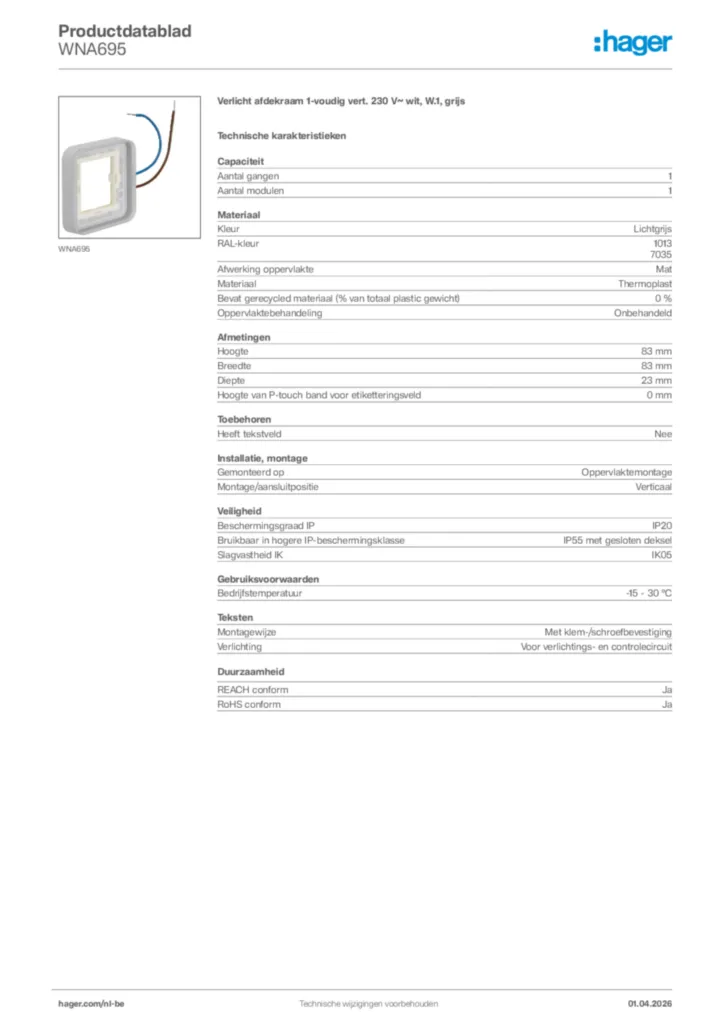Afbeelding Hager Productdatablad WNA695 | Hager Belgium