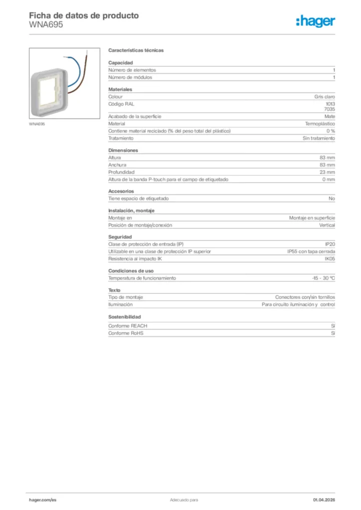 Imagen Hager Ficha de datos de producto WNA695 | Hager España