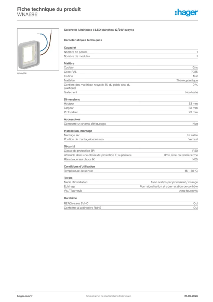 Image Hager Fiche technique du produit WNA696 | Hager France