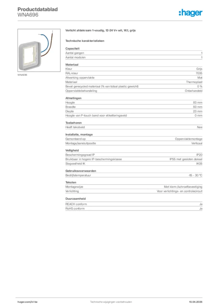 Afbeelding Hager Productdatablad WNA696 | Hager Belgium