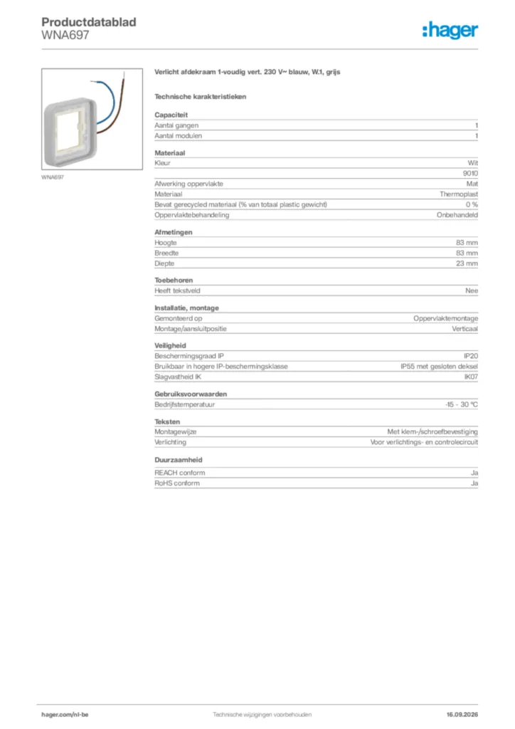 Afbeelding Hager Productdatablad WNA697 | Hager Belgium