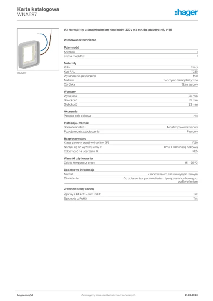 Zdjęcie Hager Karta katalogowa WNA697 | Hager Polska