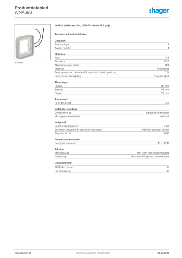 Afbeelding Hager Productdatablad WNA698 | Hager Belgium