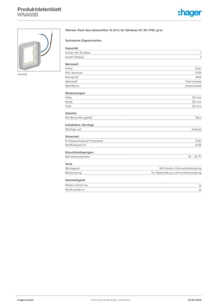 Bild Hager Produktdatenblatt WNA698 | Hager Deutschland