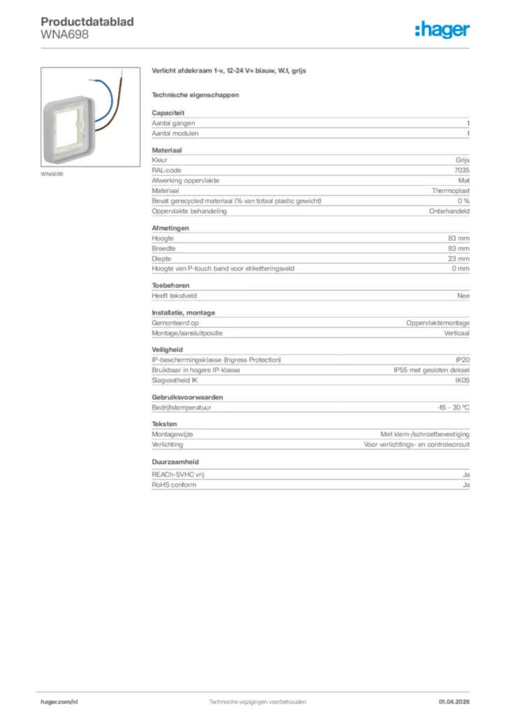 Afbeelding Hager Productdatablad WNA698 | Hager Nederland