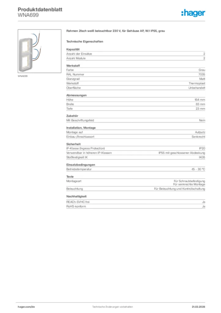 Bild Hager Produktdatenblatt WNA699 | Hager Deutschland