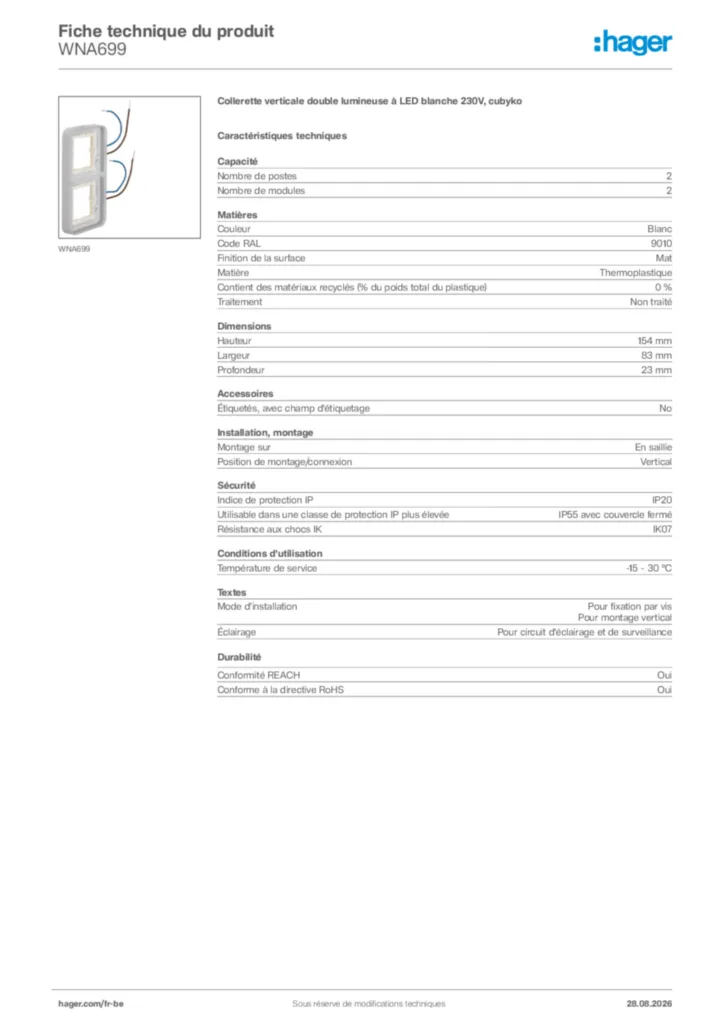 Image Hager Fiche technique du produit WNA699 | Hager Belgique