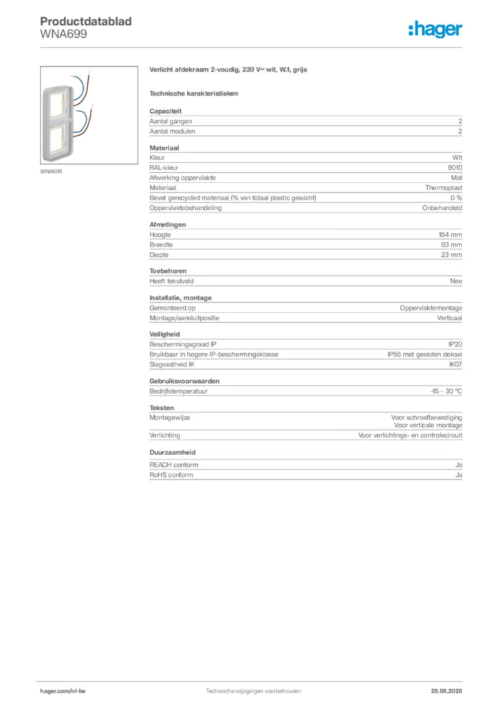 Afbeelding Hager Productdatablad WNA699 | Hager Belgium