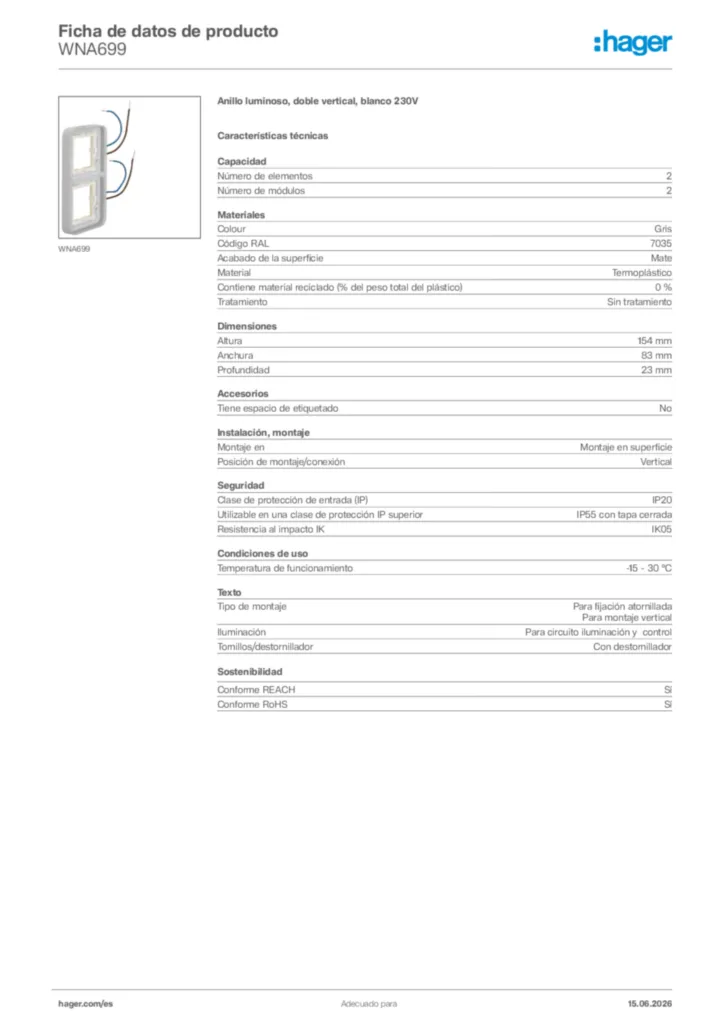 Imagen Hager Ficha de datos de producto WNA699 | Hager España