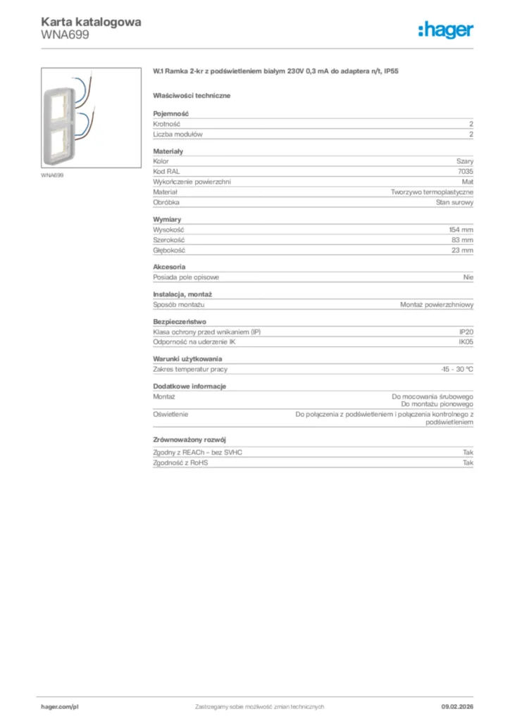 Zdjęcie Hager Karta katalogowa WNA699 | Hager Polska