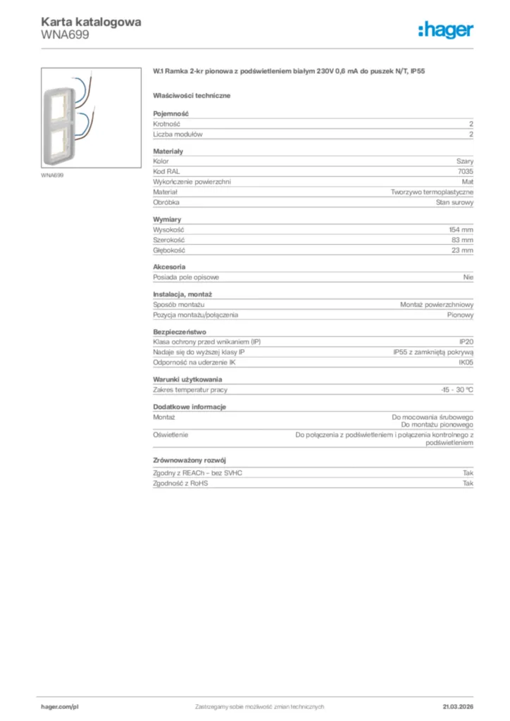 Zdjęcie Hager Karta katalogowa WNA699 | Hager Polska