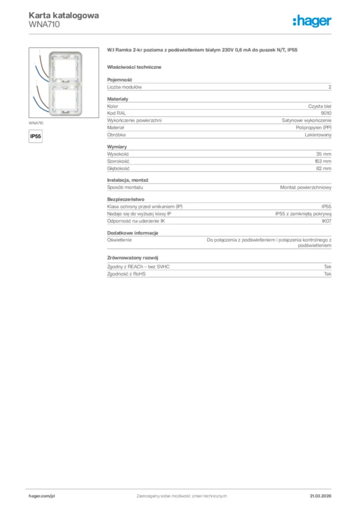 Zdjęcie Hager Karta katalogowa WNA710 | Hager Polska