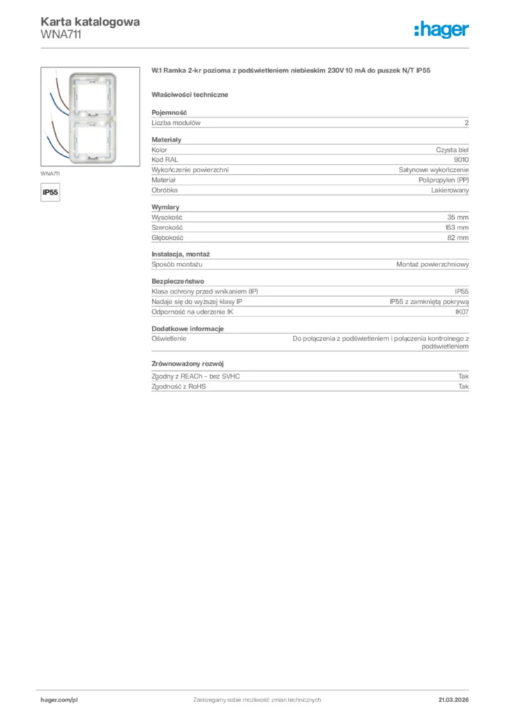 Zdjęcie Hager Karta katalogowa WNA711 | Hager Polska