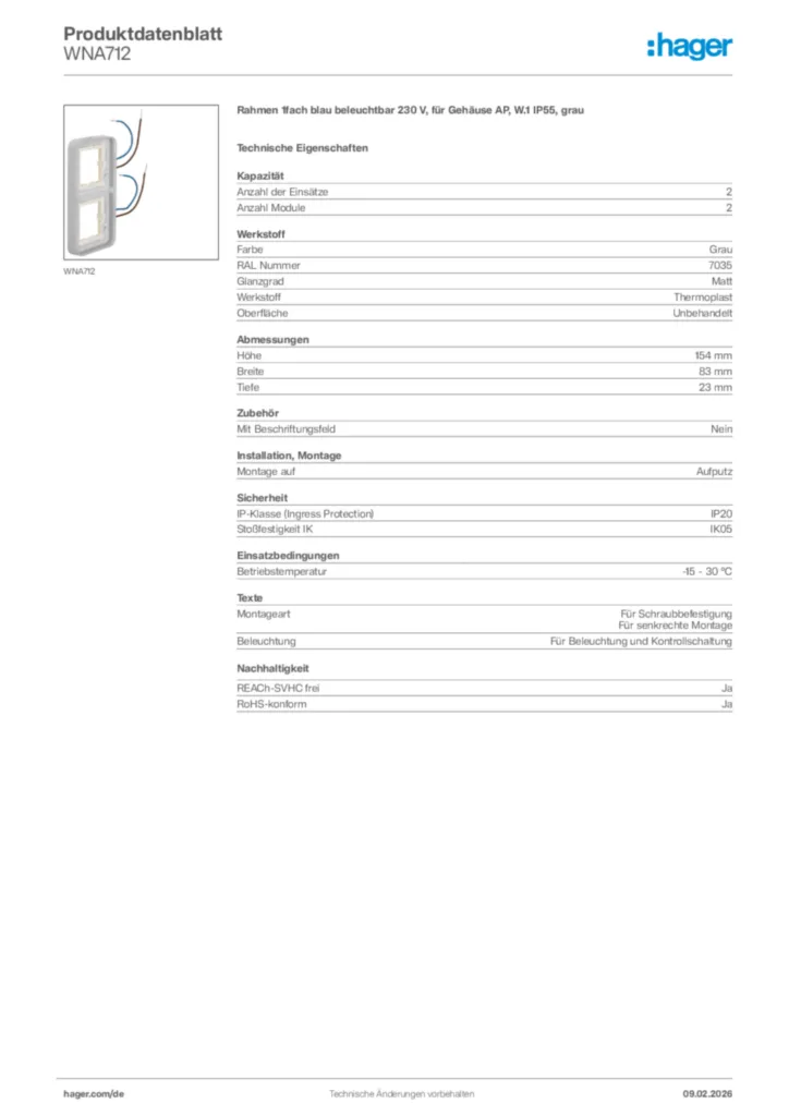 Bild Hager Produktdatenblatt WNA712 | Hager Deutschland