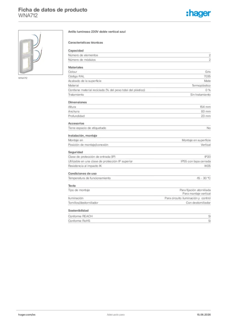 Imagen Hager Ficha de datos de producto WNA712 | Hager España
