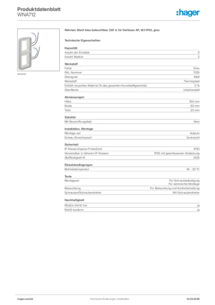 Bild Hager Produktdatenblatt WNA712 | Hager Deutschland