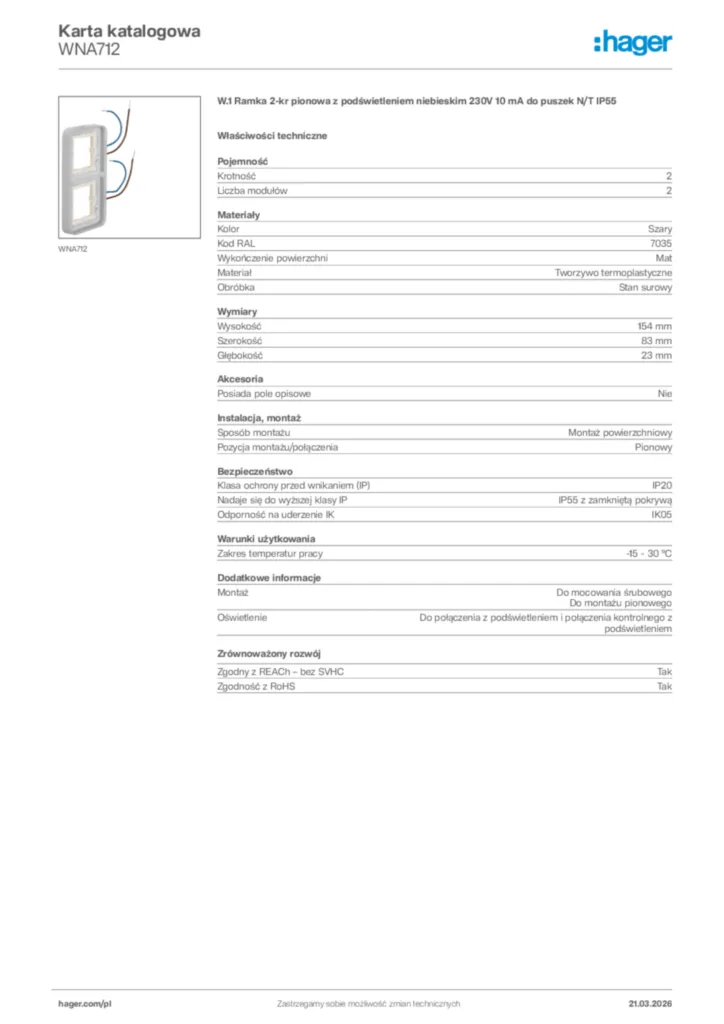 Zdjęcie Hager Karta katalogowa WNA712 | Hager Polska