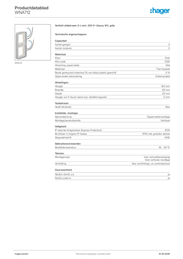 Afbeelding Hager Productdatablad WNA712 | Hager Nederland