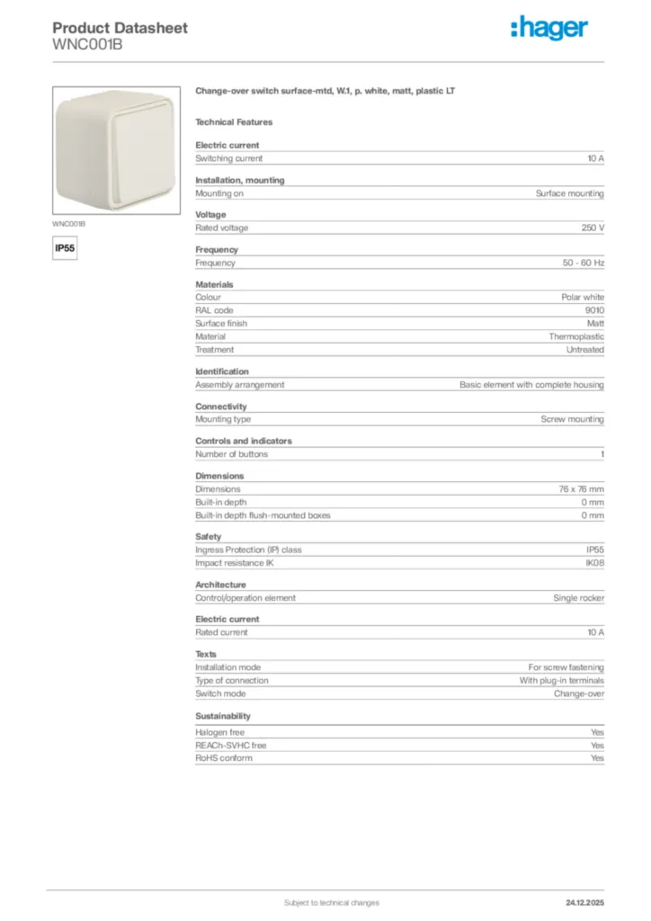 Image Hager Product data sheet WNC001B  | Hager Africa