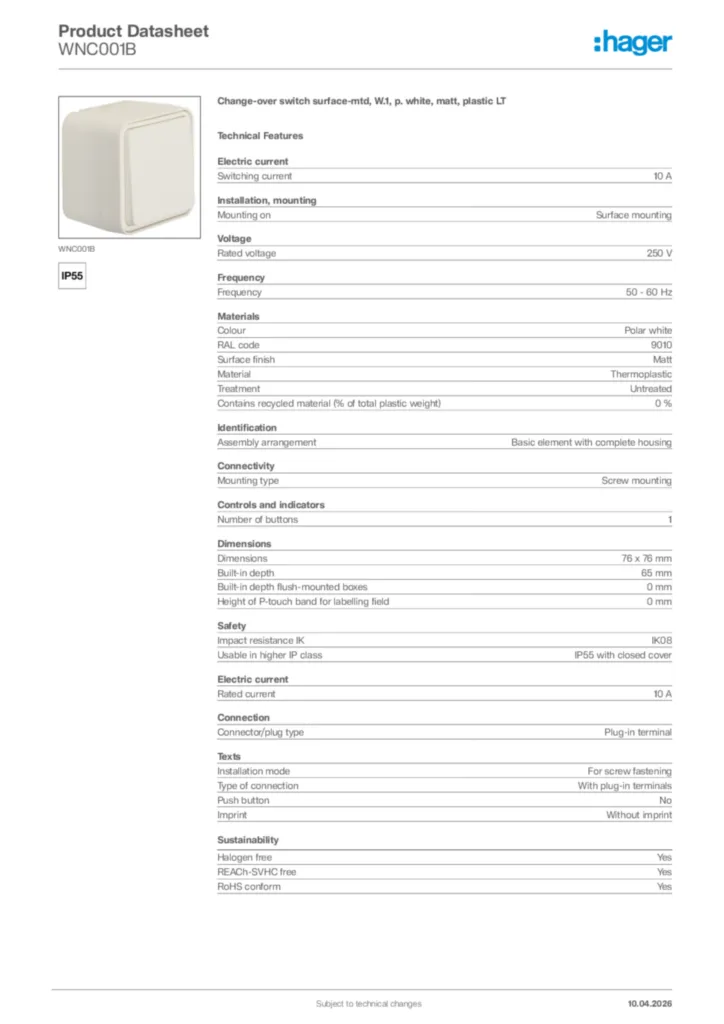 Image Hager Product data sheet WNC001B  | Hager Africa