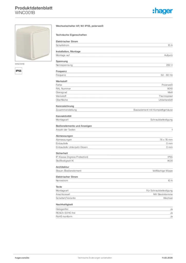 Bild Hager Produktdatenblatt WNC001B | Hager Deutschland