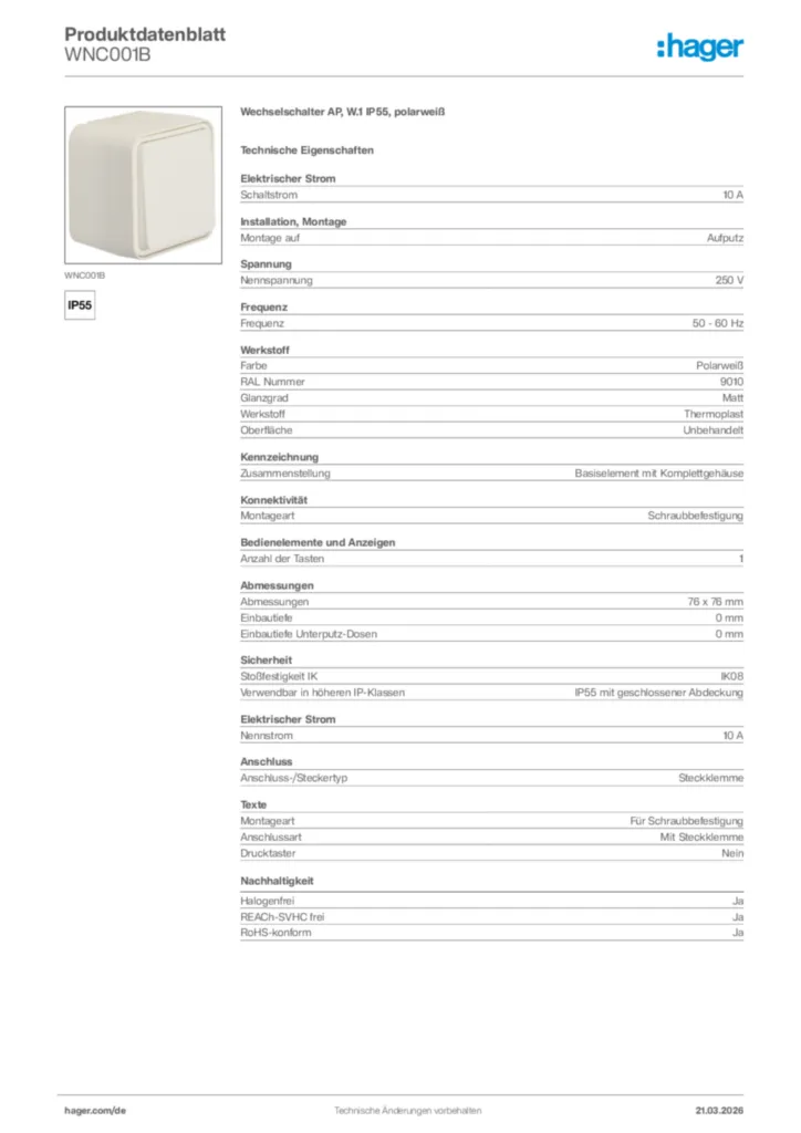 Bild Hager Produktdatenblatt WNC001B | Hager Deutschland
