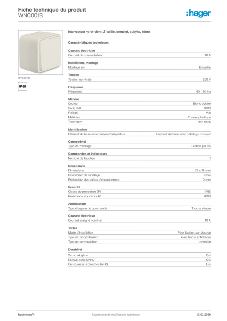 Image Hager Fiche technique du produit WNC001B | Hager France