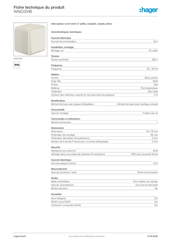Image Hager Fiche technique du produit WNC001B | Hager France