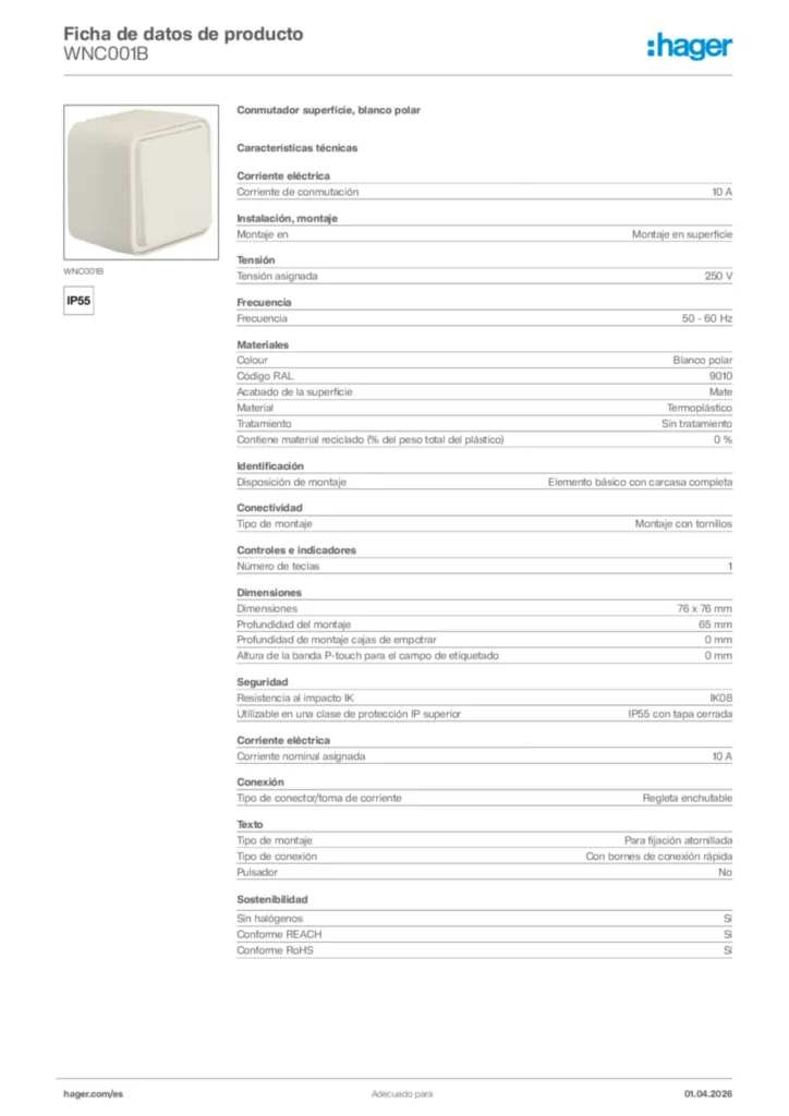Imagen Hager Ficha de datos de producto WNC001B | Hager España