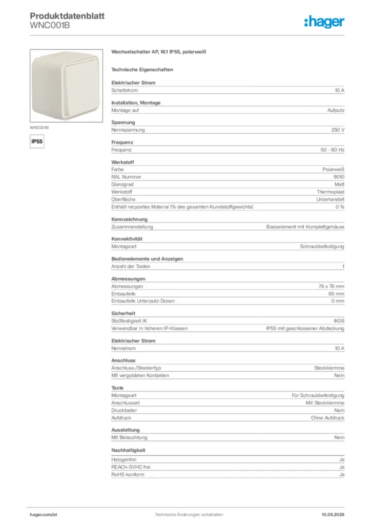 Bild Hager Produktdatenblatt WNC001B | Hager Deutschland